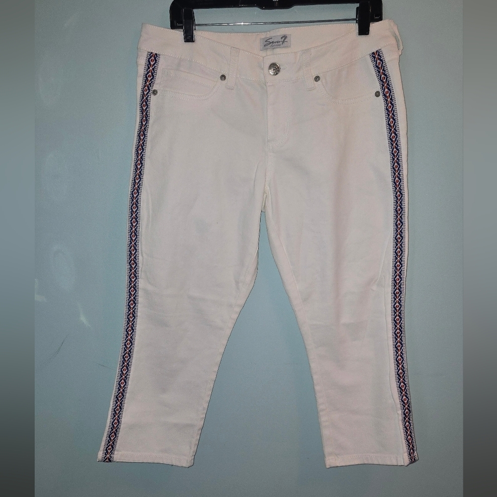 7 For All Mankind White Ankle Crop Denim Jeans Embellished Southwest